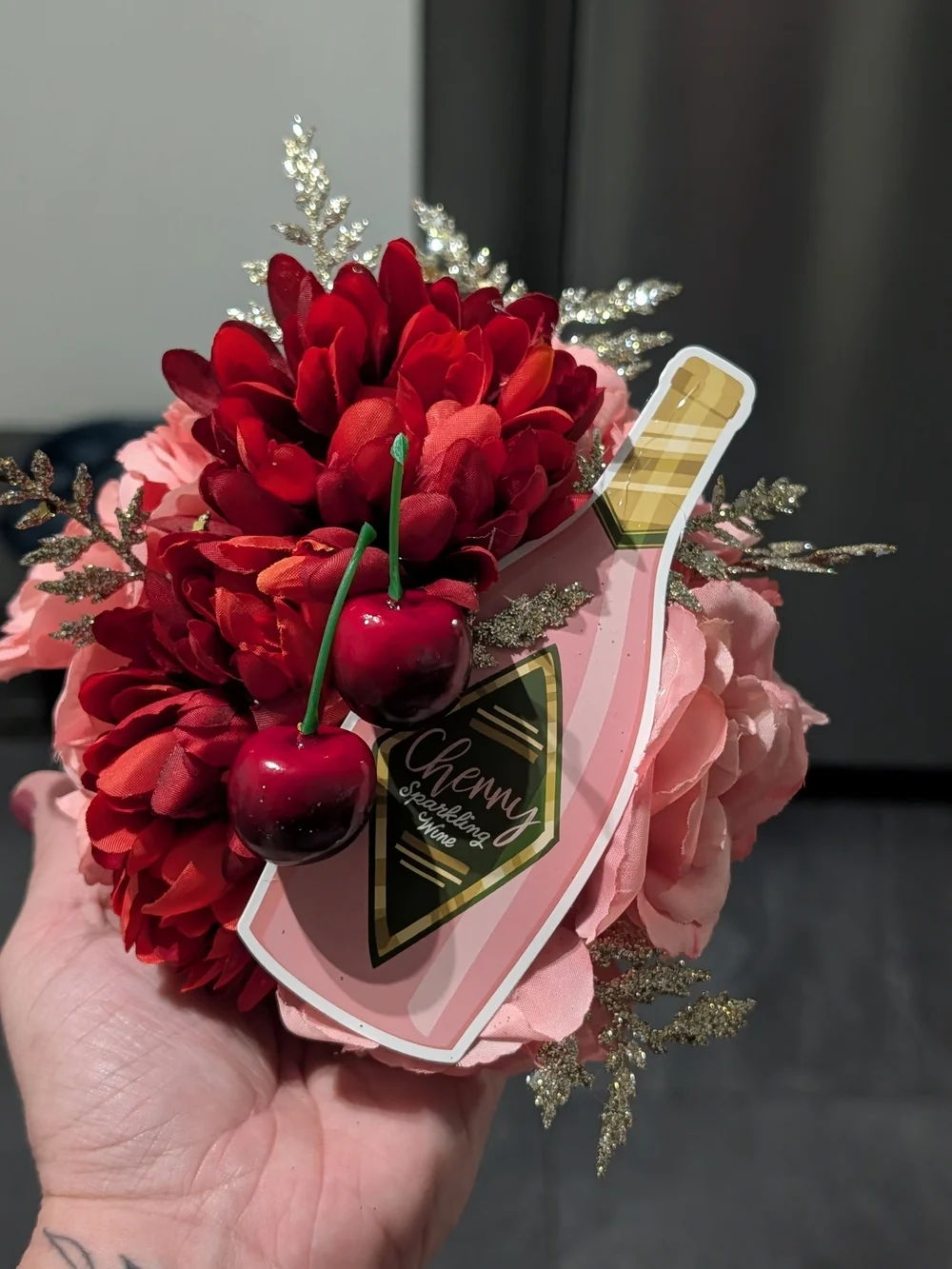 Cherry Accent Floral Hair Clip - Pink and Red